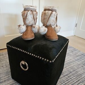 Faux Fur and Suede Boots with Pom Poms
